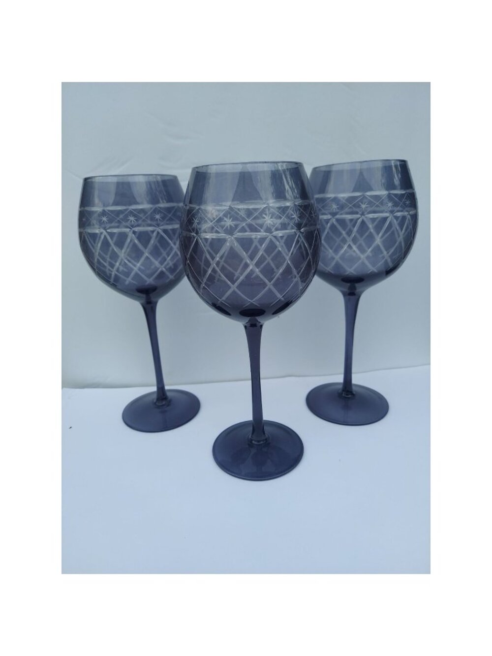 3 9" Cut to Clear Gray / Blue Goblets